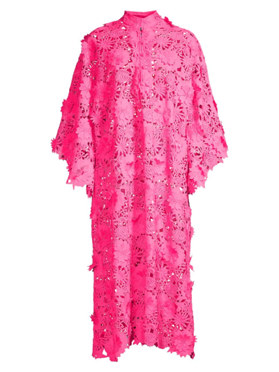 La Vie Style House 3d Floral Lace Midi Caftan In Hot Pink