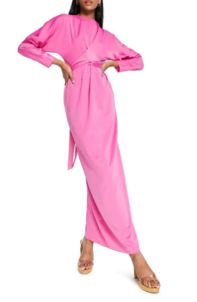 Asos Design Maxi Dress With Batwing Sleeve And Wrap Waist In Satin In  Bright Pink | ModeSens