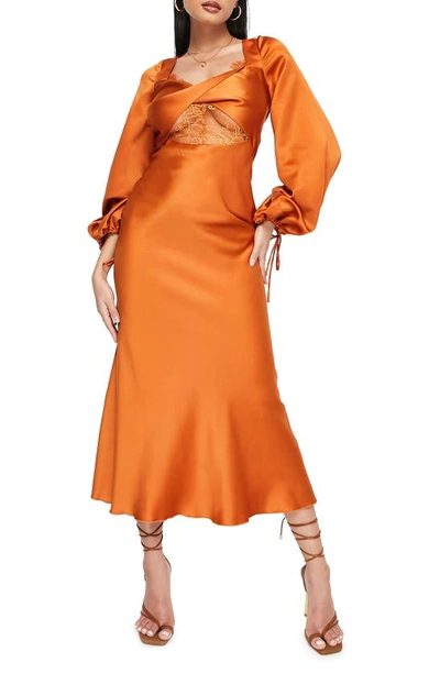 Asos Design Bias Satin Long Sleeve Midi Dress With Delicate Lace Detail And Twist Front Detail In Rust-orange