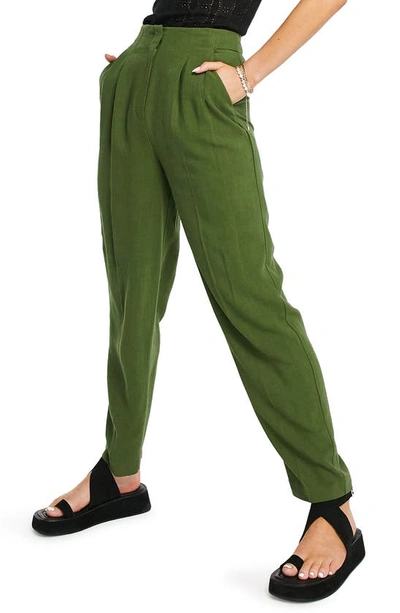 Asos Design High Waist Tapered Leg Trousers In Khaki