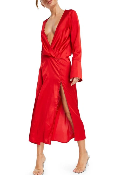 Asos Design Satin Bias Cut Drape Midi Dress With Button Detail In Red