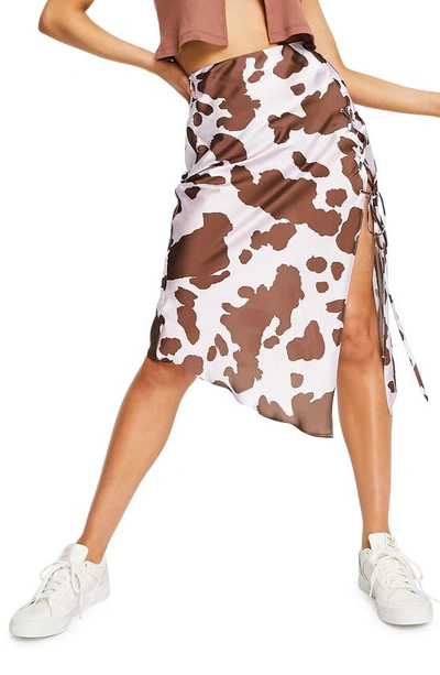 Asos Design Satin Lace Up Midi Skirt In Cow Print-multi