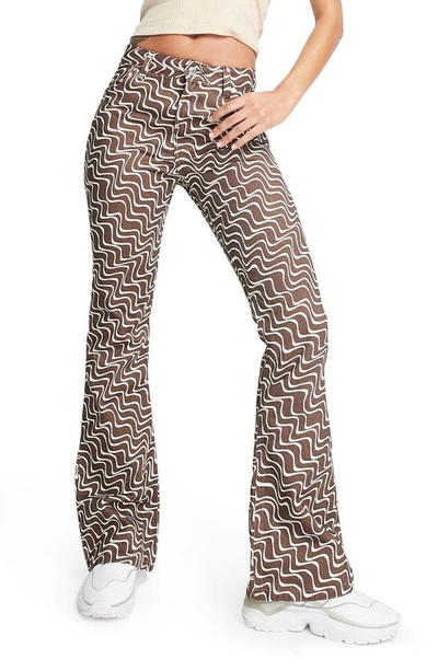 Asos Design Puddle Flare Pants In Chocolate Wavy Print-brown