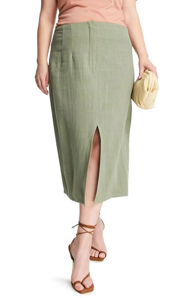 Asos Design Curve Linen Midi Pencil Skirt With Split In Khaki-green