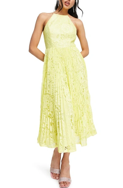 Asos Design Pleated Lace Midi Prom Dress In Yellow