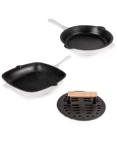 Berghoff Neo Cast Iron Fry Pan, Grill Pan And Slotted Steak Press, Set Of 3 In White