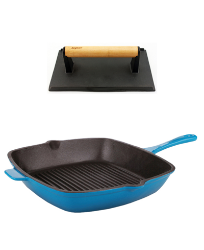 Berghoff Neo Cast Iron Grill Pan And Bacon, Steak Press, Set Of 2 In Blue