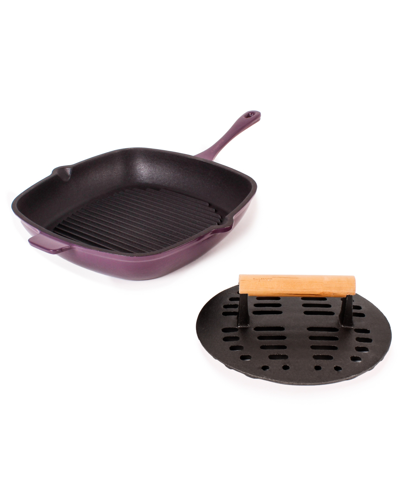 Berghoff Neo Cast Iron 11" Grill Pan With Slotted Steak Press, Set Of 2 In Purple