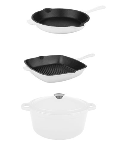 Berghoff Neo Cast Iron Fry Pan, Grill Pan And 5 Quart Covered Dutch Oven, Set Of 3 In White