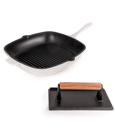 Berghoff Neo Cast Iron Grill Pan And Bacon, Steak Press, Set Of 2 In White