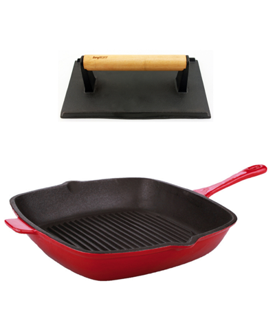 Berghoff Neo Cast Iron Grill Pan And Bacon, Steak Press, Set Of 2 In Red