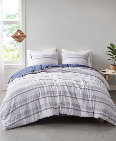 Clean Spaces Oakley King/california King 3 Piece Striped Yarn Dyed Duvet Cover Set Bedding In Indigo/white