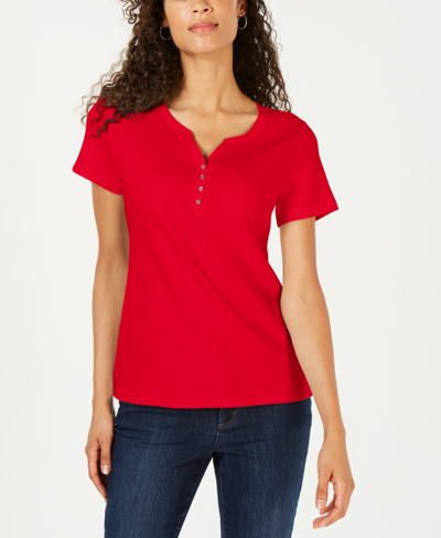 Karen Scott Petite Cotton Henley Top, Created For Macy's In New Red Amore