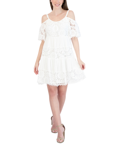 Robbie Bee Petite Cold-shoulder Gauze Lace Shift Dress In Ivory
