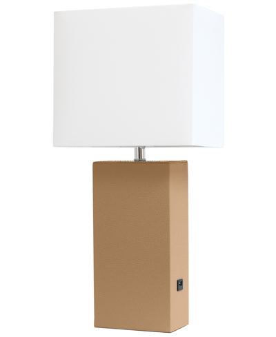 Elegant Designs Modern Leather Table Lamp With Usb In Beige