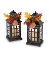 Gerson International 10.5" Lanterns With Battery Operated Led Candles And Floral Accents Set, 2 Pieces In Black