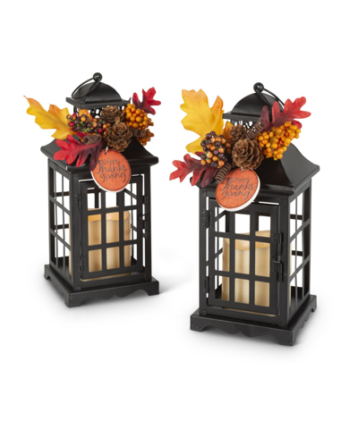 Gerson International 10.5" Lanterns With Battery Operated Led Candles And Floral Accents Set, 2 Pieces In Black