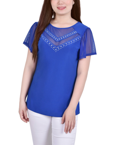 Ny Collection Plus Size Studded Short Flutter Sleeve Top With Mesh Details In Victoria Blue