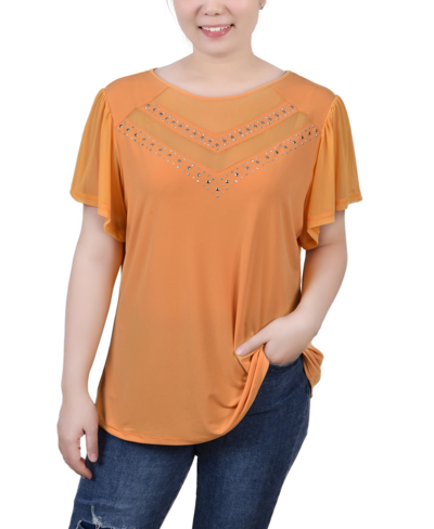 NY COLLECTION PETITE STUDDED SHORT FLUTTER SLEEVE TOP