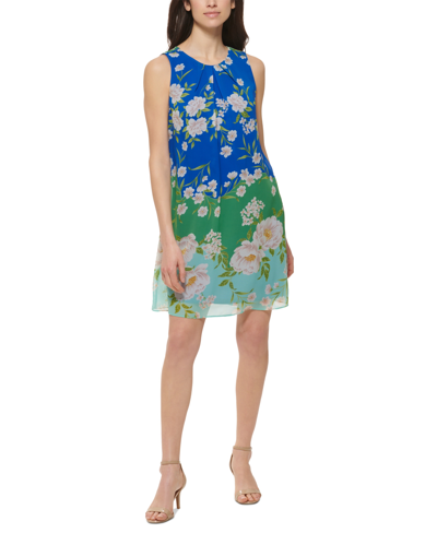 Jessica Howard Petite Floral-print Trapeze Dress In Blue