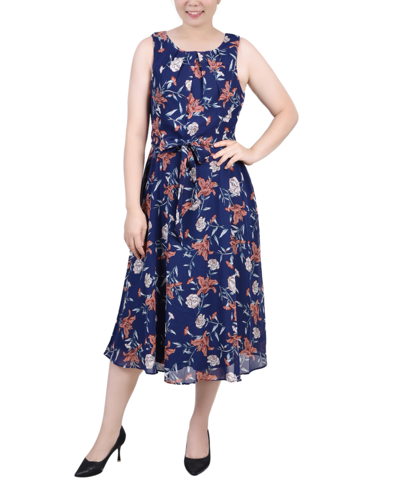 Ny Collection Petite Sleeveless Chiffon Belted Dress In Navy Floral