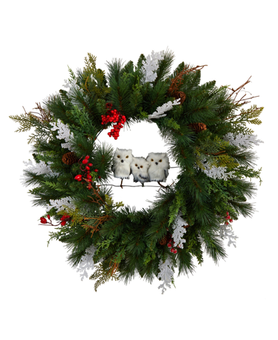 Nearly Natural Holiday Winter Owl Family Pinecone Berry Christmas Artificial Wreath, 24" Round In Green