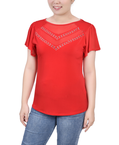 Ny Collection Petite Size Studded Short Flutter Sleeve Top In Tango Red