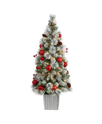 Nearly Natural Winter Flocked Artificial Christmas Tree Pre-lit With 50 Led Lights And Ornaments In Decorative Plan In Green