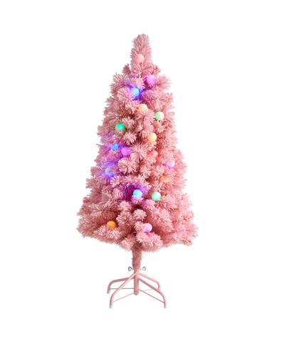 Nearly Natural Holiday Frosted Cashmere Artificial Christmas Tree With 30 Jumbo Globe Led Lights, 4' In Pink