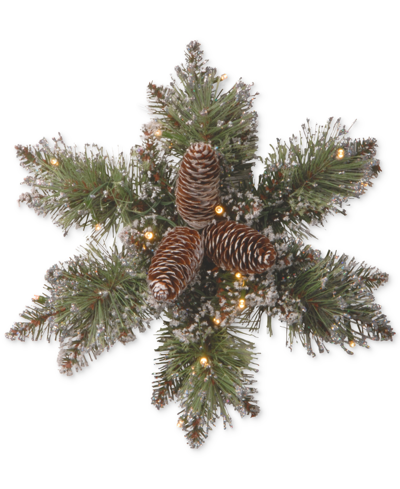 National Tree Company 14" Glittery Bristle Pine Snowflake Wreath With Pine Cones & 15 Battery-operated Led Lights With Tim In Green