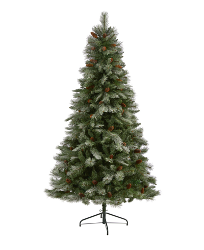 Nearly Natural Snowed French Alps Mountain Pine Artificial Christmas Tree With Bendable Branches And Pinecones, 84" In Green