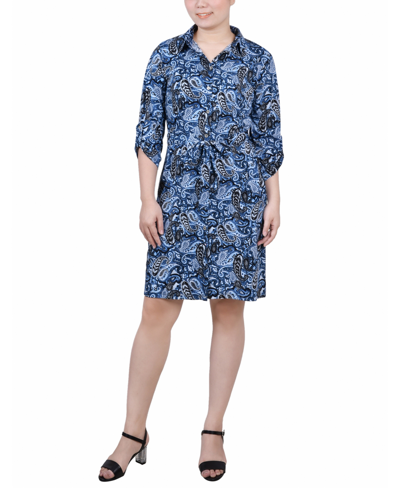 Ny Collection Petite 3/4-sleeve Printed Shirt Dress In Blue Paismaze