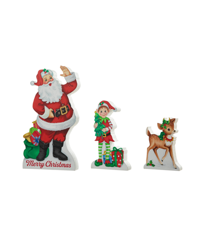 Glitzhome 12" Wooden Christmas Santa Elf Reindeer Table Decor Set, 3 Piece In Multi