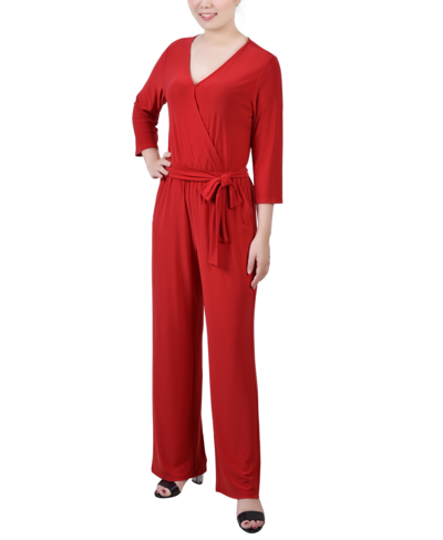 NY COLLECTION PETITE 3/4 SLEEVE BELTED WIDE LEG JUMPSUIT