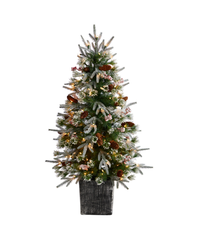Nearly Natural Frosted Artificial Christmas Tree Pre-lit With 105 Led Lights And Berries In Decorative Planter, 4' In Green