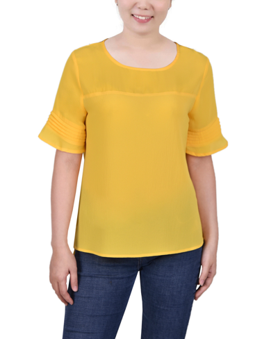 Ny Collection Petite Size Short Sleeve Crepe And Chiffon Top In Yellow