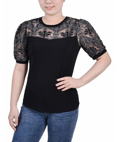 Ny Collection Petite Size Puff Lace-sleeve Top In Black