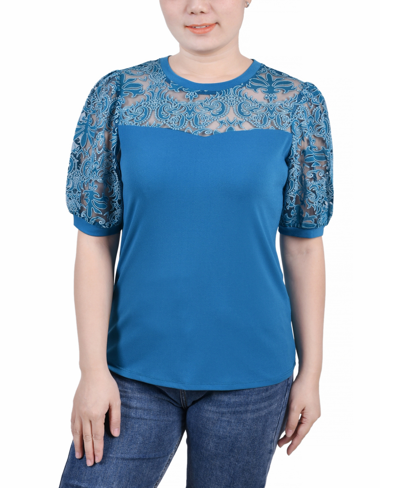 Ny Collection Petite Size Puff Lace-sleeve Top In Blue