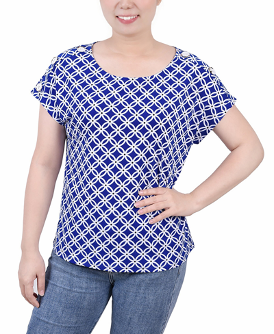Ny Collection Petite Size Short Extended Sleeve Top In Royal White Black Geo