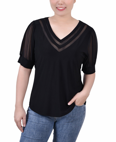 Ny Collection Petite Size Short Puff Sleeve V-neck Top In Black