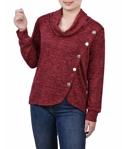 Ny Collection Petite Size Long Sleeve Overlapping Cowl Neck Top In Red Enzoz