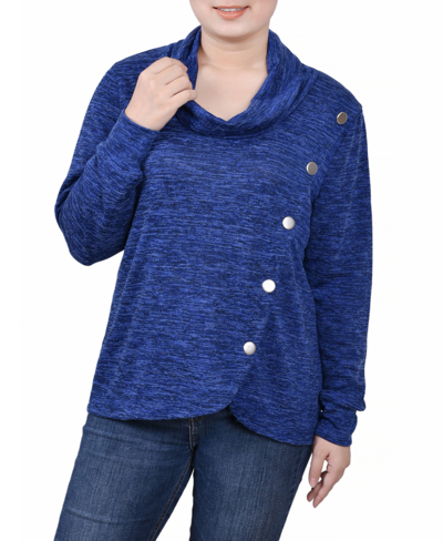 Ny Collection Petite Size Long Sleeve Overlapping Cowl Neck Top In Royal