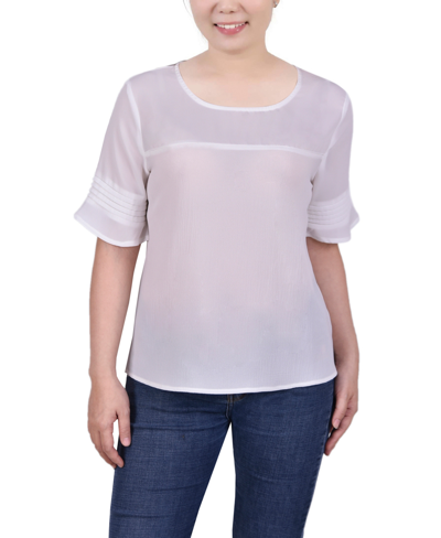 Ny Collection Petite Size Short Sleeve Crepe And Chiffon Top In White