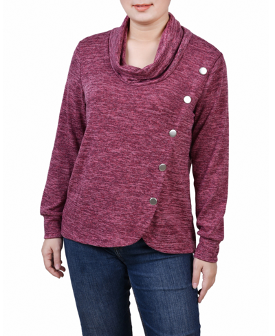 Ny Collection Petite Size Long Sleeve Overlapping Cowl Neck Top In Maroon