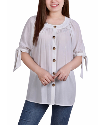 Ny Collection Petite Size Elbow Sleeve Tie-sleeve Blouse In Ivory/cream
