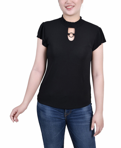 Ny Collection Petites Womens Smocked Mock Collar Keyhole Pullover Top In Black