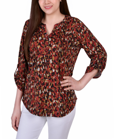 Ny Collection Women's Missy 3/4 Roll Sleeve Top In Black Orange Ivory Floral