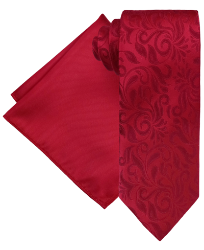 Steve Harvey Men's Classic Tonal Vine Tie & Solid Pocket Square Set In Red