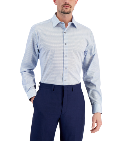 Alfani Men's Regular Fit 2-way Stretch Stain Resistant Honeycomb Dress Shirt, Created For Macy's In Blue White