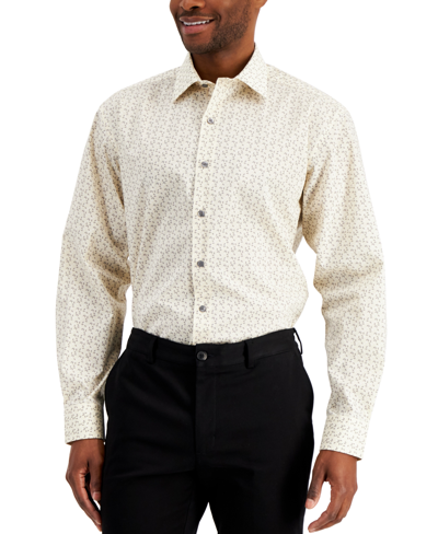 Alfani Men's Regular Fit Traveler Stretch Geo Print Dress Shirt, Created For Macy's In Tan